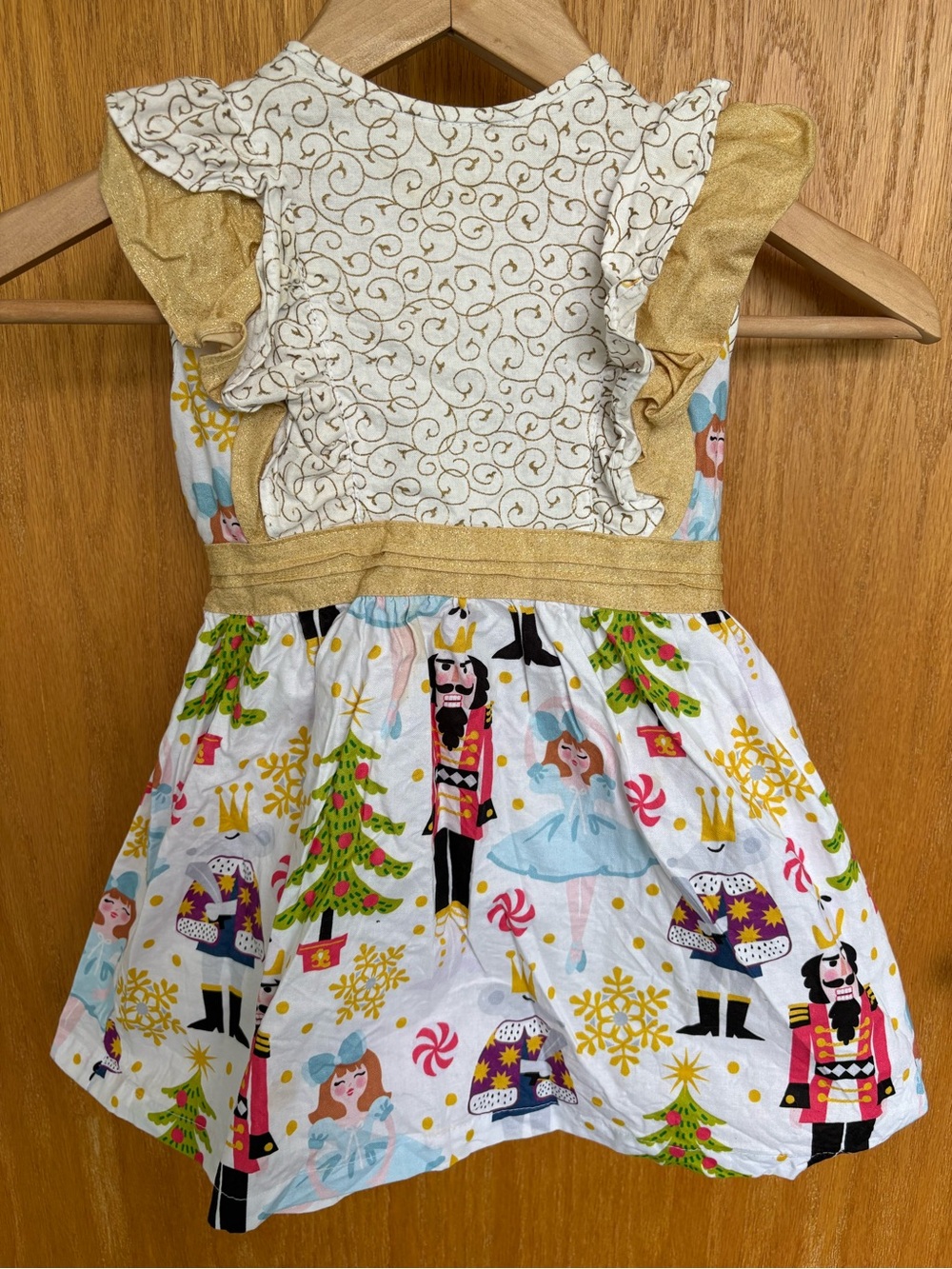 Girls' Holiday Nutcracker Print Dress in Gold & White